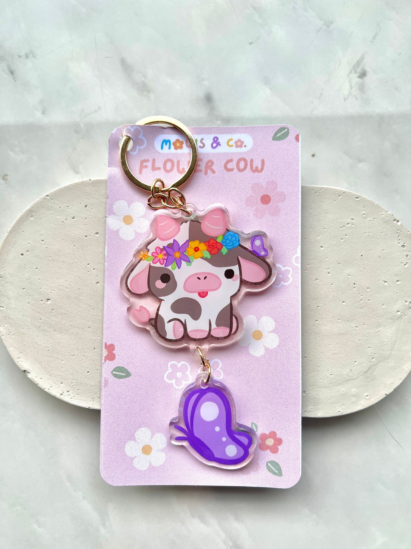 Floral Cow Keychain